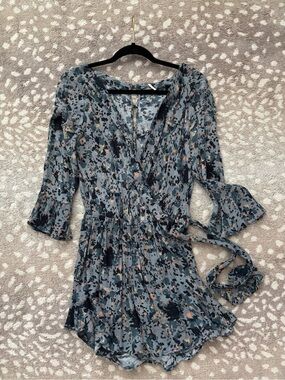 Free People Dusty Blue Floral Wrap Romper with Tie